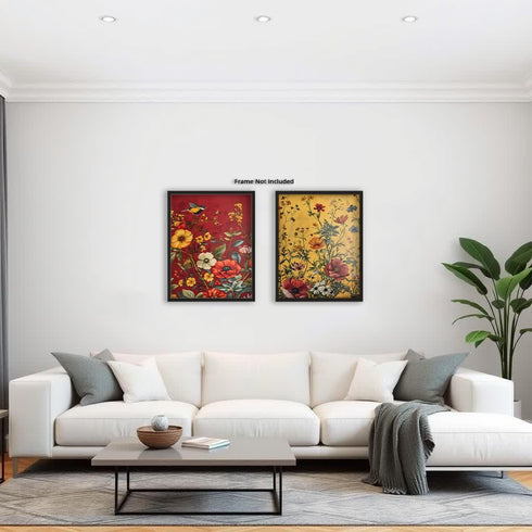 Posterizer 2 pcs-Red and Yellow Themed Wild Flowers and Birds-Floral Botanical-Abstract Modern Art - Gift for Nature, Surfers and Beach Lovers-Dec...